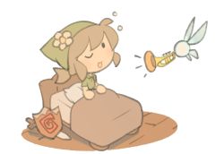 1girl bed black_hair brown_hair cloak cosplay deku_shield flower green_cloak green_headwear hair_flower hair_ornament instrument link_(cosplay) looking_at_another navi nintendo one_eye_closed original pillow shield sword temmie_chang temmie_chang_(character) the_legend_of_zelda the_legend_of_zelda:_ocarina_of_time trumpet under_covers weapon white_background wooden_shield