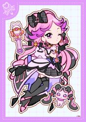 Rule 34 | 1girl, ;o, back bow, belt, black belt, black bow, black dress, black gloves, black hair, black thighhighs, border, bow, collared dress, colored tips, commentary, cure kiss, deformed, dotted line, dress, dual persona, eyelashes, finger gun, fortissimo, frilled dress, frills, full body, gloves, grey background, grid background, hair bow, hair ornament, high heels, highres, kimi to idol precure, layered dress, long dress, long hair, looking at viewer, magical girl, meroron (fairy) (precure), meroron (precure), multicolored hair, musical note, musical note hair ornament, musical note print, one eye closed, outline, parted lips, pink bow, pink eyes, pink hair, pink shoes, plaid bow, plaid clothes, plaid dress, pleated dress, pleated sleeves, precure, purple border, purple bow, purple dress, purple hair, shoes, short dress, short sleeves, signature, single bare shoulder, single sleeve, streaked hair, thigh belt, thigh strap, thighhighs, uwded 207, very long hair, wand, white outline, wrist bow
