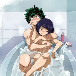 1boy 1girl absurdres bath blush boku_no_hero_academia breasts completely_nude green_eyes green_hair highres jiro_kyoka krumbs_(dailykrumbs) midoriya_izuku mixed-sex_bathing nipples nude purple_hair shared_bathing soap wet