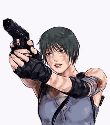 Rule 34 | 1girl, black hair, blood, breasts, burn scar, closed mouth, cosplay, glock, gloves, gun, handgun, highres, imeko san, jill valentine, jill valentine (cosplay), jujutsu kaisen, looking at viewer, resident evil, resident evil 3: nemesis, resident evil 3 (remake), scar, shirt, short hair, simple background, smile, weapon, zen&#039;in maki