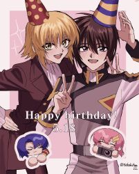 Rule 34 | 2boys, 2girls, artist name, ascot, athrun zala, blonde hair, blue hair, blush, border, brown hair, cagalli yula athha, camera, chibi, chibi inset, closed eyes, closed mouth, commentary request, dated, english text, gundam, gundam seed, happy birthday, hat, highres, holding, holding camera, holding party popper, jacket, kira yamato, lacus clyne, long sleeves, looking at viewer, military jacket, military uniform, multiple boys, multiple girls, open mouth, party hat, party popper, pink background, pink hair, purple eyes, short hair, simple background, smile, sparkle, tsubakiohana02, twitter username, v, white border, yellow eyes