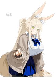 1girl animal_ear_fluff animal_ears blonde_hair blue_bow blue_bowtie blue_skirt bow bowtie cardigan fox_ears fox_girl_miko_(7317helic) fox_tail green_eyes helic_(7317helic) highres long_hair long_sleeves open_cardigan open_clothes original pleated_skirt ponytail skirt solo tail white_background