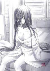1girl bare_shoulders bed breasts cleavage commentary_request ebifly female_focus female_pubic_hair greyscale hair_over_one_eye large_breasts long_hair long_sleeves long_tongue monochrome naked_shirt off_shoulder pubic_hair saliva sanpaku shirt signature sitting solo the_ring tongue tongue_out very_long_hair wide-eyed yamamura_sadako
