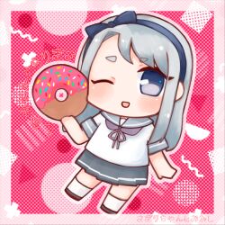 1girl blue_eyes blue_hairband chibi commentary_request donut food fuzino grey_hair grey_sailor_collar grey_skirt hairband holding holding_donut holding_food kantai_collection long_hair neckerchief pleated_skirt purple_neckerchief sagiri_(kancolle) sailor_collar school_uniform serafuku skirt solo standing