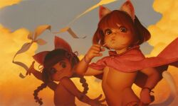 2girls alkemanubis animal_ears braid brown_hair candy cat_ears cat_girl cloud fake_animal_ears flat_chest food highres jacket loli lollipop lollipop_in_mouth long_hair looking_at_viewer multiple_girls original red_jacket short_hair sky topless_female twin_braids upper_body