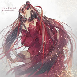 2boys alternate_costume black_hair blood bloody_weapon chinese_clothes chinese_wedding closed_mouth couple dress floating_hair hair_ribbon hanfu headband height_difference holding holding_sword holding_weapon hug jian_(weapon) lan_wangji light_particles long_hair long_sleeves looking_at_viewer male_focus modao_zushi moirae multiple_boys ponytail red_eyes red_hanfu red_headband red_ribbon ribbon robe sleeves_past_wrists smile sword topknot twitter_username very_long_hair watermark weapon wedding_dress wei_wuxian wide_sleeves yaoi yellow_eyes