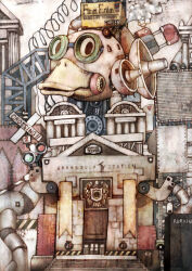 Rule 34 | bird, building, commentary request, cyanporoco, duck, english text, goggles, industrial pipe, korean commentary, no humans, original, radio antenna, radio tower, railroad crossing, road sign, scaffolding, sign, smoke