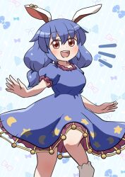 Rule 34 | 1girl, :d, animal ears, blue background, blue dress, blue hair, blush, commentary, crescent print, dress, earclip, feet out of frame, frilled dress, frills, hair between eyes, highres, long hair, looking at viewer, notice lines, open mouth, print dress, rabbit ears, rabbit girl, red eyes, rokugou daisuke, seiran (touhou), short sleeves, smile, solo, standing, star (symbol), star print, striped background, teeth, touhou, upper teeth only