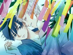 Rule 34 | 2boys, bamboo leaf, black eyes, black hair, blue kimono, bright pupils, collarbone, commentary, fang, hair between eyes, hand up, hikaru ga shinda natsu, indou hikaru, japanese clothes, kimono, leaf, looking at another, looking at viewer, looking back, looking to the side, male focus, mole, mole on cheek, mole under eye, mole under mouth, multicolored eyes, multiple boys, multiple moles, nyanmi (nyanmi2222), off shoulder, open mouth, parted lips, red eyes, short hair, signature, striped clothes, striped kimono, tanabata, tanzaku, teeth, tsujinaka yoshiki, two-tone eyes, upper body, upper teeth only, vertical-striped clothes, vertical-striped kimono, very short hair, white eyes, white hair, white kimono, yaoi, yukata
