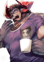 1boy animal_ears bara blush closed_eyes commentary_request cow_boy cow_ears cow_horns cup furry furry_male glasses highres holding holding_cup horns live_a_hero male_focus mug muscular muscular_male obsidius_(live_a_hero) open_mouth purple_shirt sawch_cls shirt steam tearing_up upper_body white_background yawning