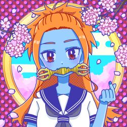 Rule 34 | 1girl, beckoning, blue sailor collar, blue skin, branch, colored skin, egasumi, eyelashes, fangs, fujishima moyu, grey neckerchief, highres, long hair, looking at viewer, mouth hold, neckerchief, orange hair, original, ponytail, red eyes, sailor collar, school uniform, solo, upper body
