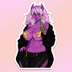 1boy 1girl absurdres amelie_(succuboos) beer_bottle bikini black_jacket black_pants bottle breasts colored_skin demon_girl demon_horns gold_bikini gradient_background highres hip_vent holding holding_bottle horns huge_breasts jacket long_hair looking_at_viewer navel navel_piercing open_clothes open_jacket original outline pants piercing pointy_ears purple_horns purple_skin solo star-shaped_bikini star_(symbol) succuboos swimsuit white_outline