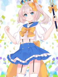 1girl artist_request black_choker black_garter_straps blue_eyes blue_sailor_collar blue_skirt bow choker clenched_hand closed_mouth crown fish garter_straps goldfish grey_hair hair_bow highres holding holding_wand indie_virtual_youtuber marimari_(vtuber) mini_crown navel orange_bow sailor_collar second-party_source shirt side_ponytail skirt smile solo suspenders thighhighs virtual_youtuber wand white_shirt white_thighhighs
