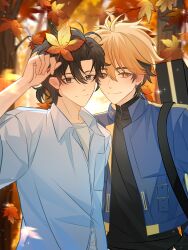 Rule 34 | 2boys, absurdres, antenna hair, autumn, autumn leaves, bag, black eyes, black hair, black shirt, blonde hair, blue jacket, blue shirt, blurry, blurry background, cheng xiaoshi, closed mouth, collared shirt, day, earrings, falling leaves, hair between eyes, hand up, highres, holding, holding leaf, jacket, jewelry, leaf, long sleeves, looking at viewer, male focus, maple leaf, multicolored hair, multiple boys, official alternate costume, open clothes, open jacket, orange eyes, outdoors, pants, ponytail, shiguang dailiren, shirt, short hair, short ponytail, shoulder bag, smile, sparkle, standing, tree, turtleneck, upper body, white shirt, xia fei, xinjinjumin330078186628, yaoi