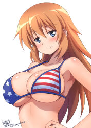 Rule 34 | 1girl, american flag, american flag bikini, american flag print, bikini, blue eyes, blush, breasts, charlotte e. yeager, cleavage, closed mouth, collarbone, flag print, flag print bikini, hand on own hip, highres, kamogawa tanuki, large breasts, long hair, looking at viewer, orange hair, print bikini, signature, simple background, smile, solo, strike witches, swimsuit, white background, world witches series