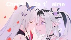 Rule 34 | 2girls, absurdres, ahoge, bare shoulders, black choker, black streaks, butterfly hair ornament, chaos (pgr), choker, closed eyes, french text, grey hair, hair intakes, hair ornament, highres, jetavie (pgr), long hair, long pointy ears, mismatched pupils, multiple girls, parted lips, pointy ears, punishing: gray raven, purple eyes, sidelocks, slit pupils, symbol-shaped pupils, tang .49, twintails, x-shaped pupils