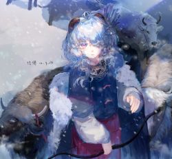 1girl alternate_costume animal blue_cape blue_shirt bow_(weapon) bull cape commentary_request cowboy_shot dated fur-trimmed_cape fur_trim ganyu_(genshin_impact) genshin_impact goat_horns hair_over_one_eye highres holding holding_bow_(weapon) holding_weapon horns layered_shirt ling_mou long_hair long_sleeves looking_at_viewer parted_lips purple_eyes red_skirt shirt signature skirt snow snowing solo wavy_hair weapon white_shirt