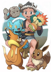 1boy :d buizel collarbone commentary_request cyndaquil eevee fire gen_1_pokemon gen_2_pokemon gen_4_pokemon geodude highres holding jacket kabon_(b00902061) male_focus nintendo open_mouth pokemon pokemon_(creature) pokemon_legends:_arceus pokemon_on_arm rei_(pokemon) sash shinx short_hair shorts smile teeth toes tongue twitter_username upper_teeth_only