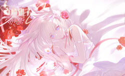 1girl absurdres bare_shoulders closed_mouth dress flower grey_eyes hair_flower hair_ornament hair_spread_out highres long_hair lying original red_flower red_rose rose solo v-von very_long_hair white_dress