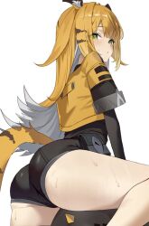1girl animal_ears ass black_shorts blonde_hair green_eyes highres jacket ju_fufu long_hair long_sleeves looking_at_viewer looking_back naig_(naiji) orange_jacket shorts simple_background solo sweat tail thighs tiger_ears tiger_girl tiger_tail white_background zenless_zone_zero