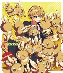 Rule 34 | 1boy, anger vein, animal, artist name, beak, bird wings, black gloves, black jacket, black pants, blonde hair, collared shirt, crossover, e.g.o (project moon), formal clothes, gen 3 pokemon, gloves, goggles, goggles on head, hair between eyes, hat, highres, holding, holding animal, jacket, limbus company, necktie, nintendo, ofuda, one eye closed, pants, pokemon, pokemon (creature), project moon, qiluge, red eyes, red sheet (e.g.o), shirt, sinclair (project moon), sitting, suit, torchic, white shirt, wings, yellow eyes