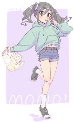 1girl bag belt belt_buckle black_hair black_shoes blue_shorts brown_belt brown_eyes buckle colored_shadow commentary_request copyright_request denim denim_shorts drawstring eating food food_in_mouth full_body green_hoodie hair_between_eyes highres holding holding_bag hood hood_down hoodie jigatei_(omijin) long_sleeves looking_at_viewer navel puffy_long_sleeves puffy_sleeves purple_background romaji_text shadow shoes short_eyebrows shorts sleeves_past_wrists sneakers socks solo standing standing_on_one_leg thick_eyebrows translation_request twintails two-tone_background white_background white_socks