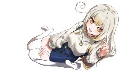 1girl blonde_hair blue_skirt breasts commission grey_hair hand_on_own_thigh highres indie_virtual_youtuber jewelry kanna_yanagi long_hair long_sleeves necklace open_mouth second-party_source shirt skeb_commission skirt sosakuinari suspender_skirt suspenders thighhighs transparent_background virtual_youtuber white_shirt white_thighhighs yellow_eyes yellow_nails