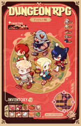 2girls 3boys animal_ears beard black_hair blonde_hair book brown_hair cat_ears cat_girl cat_tail chibi chilchuck_tims commentary copyright_name dungeon_meshi english_commentary english_text facial_hair fake_horns helmet highres holding holding_book holding_staff horned_helmet horns izutsumi laios_touden lion looking_to_the_side map marcille_donato multiple_boys multiple_girls mustache onemegawatt persona reading senshi_(dungeon_meshi) staff sweatdrop tail translated winged_lion_(dungeon_meshi) wings wok