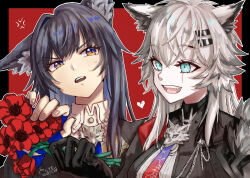 2girls anger_vein animal_ear_fluff animal_ears aqua_eyes arknights black_gloves black_hair black_jacket blue_gloves blush collared_shirt fingerless_gloves flower gloves grey_hair hair_between_eyes hair_ornament hairclip heart holding holding_flower jacket lappland_(arknights) lappland_the_decadenza_(arknights) long_hair long_sleeves messy_hair multiple_girls necktie poppy_(flower) portrait red_flower scar scar_across_eye scar_on_face shirt teeth texas_(arknights) texas_the_omertosa_(arknights) torasaki upper_teeth_only white_shirt wing_collar wolf_brooch wolf_ears wolf_girl