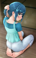 1girl barefoot blue_eyes blush delicious_party_precure feet fuwa_kokone green_hair hair_tie_in_mouth highres hinosaki looking_at_viewer medium_hair mouth_hold precure seiza sitting soles steam toes