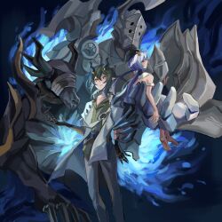 1boy 1girl alternate_form barefoot black_gloves black_horns blue_(bluespring1513) blue_dress commentary demon dress english_commentary feet gloves green_hair green_shirt grey_jacket grey_pants griseo griseo_(starry_impression) highres honkai_(series) honkai_impact_3rd horns jacket kosma mr._knight_(honkai_impact) orange_eyes pants pointy_ears robot shirt soles