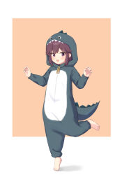 Rule 34 | 1girl, barefoot, blush, brown hair, cosplay, godzilla, godzilla (cosplay), highres, kuramoto takato, looking at viewer, machikado mazoku, open mouth, orange background, pajamas, purple eyes, short hair, simple background, smile, solo, standing, standing on one leg, yoshida ryouko