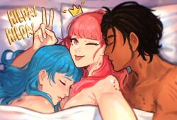 1boy 2girls alternate_hairstyle bed_sheet bisexual_female bite_mark bite_mark_on_neck blanket blue_hair blush breasts claude_von_riegan claude_von_riegan_(timeskip) cleavage closed_eyes fire_emblem fire_emblem:_three_houses hickey highres hilda_valentine_goneril hilda_valentine_goneril_(timeskip) implied_threesome marianne_von_edmund marianne_von_edmund_(timeskip) medium_breasts multiple_girls naked_sheet nintendo pillow pink_eyes pink_hair sethkiel shared_bed sleeping smile under_covers