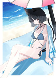 1girl absurdres animal_ears bikini black_eyes black_tail blue_archive blue_bikini breasts cat_ears cat_girl cat_tail commentary criss-cross_straps highres kikyou_(blue_archive) kikyou_(swimsuit)_(blue_archive) layered_bikini maguroyukke111 medium_breasts multi-strapped_bikini_bottom multiple_tails official_alternate_costume solo swimsuit tail two_tails