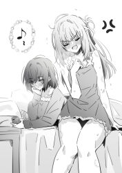 2girls aftersex anger_vein bare_arms bite_mark bite_mark_on_arm bite_mark_on_leg bite_mark_on_thigh blush camisole commentary_request eighth_note greyscale highres holding holding_phone long_hair long_sleeves lwmina70119 lying miyagi_shiori monochrome multiple_girls musical_note on_bed on_stomach open_mouth phone sendai_hazuki shirt short_hair shuuniichido_classmate_wo_kau_hanashi sitting sweat yuri