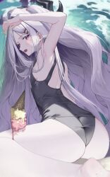 1girl :o absurdres ahoge arm_up armpits ass bare_back beach blue_archive blue_sky blurry cloud cloudy_sky clumsy commentary_request demon_girl demon_horns depth_of_field food from_behind g5_(g5_gugu) hair_ornament hairclip halo highres hina_(blue_archive) hina_(swimsuit)_(blue_archive) horns ice_cream ice_cream_cone long_hair looking_away looking_back official_alternate_costume old_school_swimsuit one_side_up parted_bangs purple_eyes school_swimsuit sidelocks sitting sky sleeveless solo sweatdrop swimsuit wariza white_hair