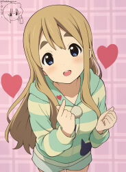 1girl artist_name blonde_hair blue_eyes bushy_eyebrows closed_mouth dot_nose feet_out_of_frame female_focus hair_between_eyes heart heart_(symbol) highres japanese_text k-on! kotobuki_tsumugi long_hair long_sleeves looking_at_viewer open_mouth pom_pom_(clothes) short_hair shorts solo source_request standing teeth thick_eyebrows thumbs_up translation_request tsukikagetori