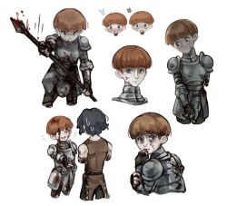 1boy 1girl amputee armless_amputee armor bandaged_arm bandages black_gloves black_hair blood blood_in_hair blood_on_arm blood_on_face bloody_weapon blue_eyes blush boobplate bowl_cut breastplate cahara_(fear_&amp;_hunger) commentary commentary_request cropped_legs cropped_shoulders d&#039;arce_(fear_&amp;_hunger) double_amputee english_commentary fear_&amp;_hunger_(series) fear_&amp;_hunger_1 fingerless_gloves from_behind gloves highres holding holding_polearm holding_weapon kingjoshua knight looking_at_viewer looking_back multiple_views orange_hair outstretched_arm pauldrons polearm short_hair shoulder_armor simple_background spear sweat weapon white_background