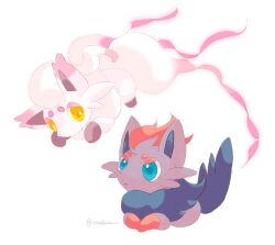 animal_focus blue_eyes closed_mouth commentary_request gen_5_pokemon highres hisuian_zorua lying nintendo no_humans pokemon pokemon_(creature) smile sorashiramu twitter_username white_background yellow_eyes zorua