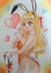 1girl absurdres aino_minako animal_ears bishoujo_senshi_sailor_moon blonde_hair blue_eyes blush bow breasts colored_pencil_(medium) detached_collar fake_animal_ears hair_bow heart highres large_breasts leotard looking_at_viewer minorinoo_ekaki_tadaima_fuoroba_100 open_mouth playboy_bunny rabbit_ears rabbit_tail smile solo tail traditional_media wrist_cuffs