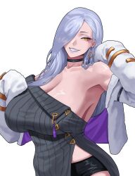 1girl absurdres arapanchi black_choker breasts choker cleavage earrings fang fate/grand_order fate_(series) grey_hair grin hair_over_one_eye hands_up highres huge_breasts jewelry mrs._snake_(fate) single_earring smile solo strapless tube_top upper_body white_background yellow_eyes