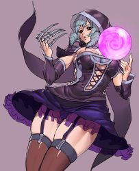 Rule 34 | 1girl, ashiomi masato, black shirt, blouse, breasts, cape, claw (weapon), cleavage, clothing cutout, cross-laced clothes, cross-laced cutout, cross-laced top, detached sleeves, female focus, flower, frills, garter straps, hood, large breasts, miniskirt, orb, panties, purple panties, red eyes, rose, shirt, silver hair, simple background, skirt, solo, soul calibur, soulcalibur, soulcalibur v, thick thighs, thighhighs, thighs, underwear, viola (soulcalibur), weapon