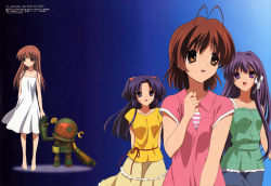 Rule 34 | 00s, 4girls, absurdres, ahoge, antenna hair, blue hair, brown eyes, brown hair, casual, clannad, dress, fujibayashi kyou, furukawa nagisa, garbage doll, girl from the illusionary world, hair bobbles, hair ornament, hair ribbon, highres, ichinose kotomi, kadowaki miku, long hair, megami magazine, multiple girls, official art, purple eyes, purple hair, ribbon, short hair, sundress, two side up, very long hair