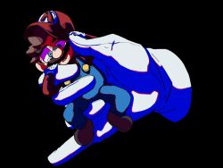 Rule 34 | 1boy, battle, blue eyes, brown hair, facial hair, gloves, hat, highres, holding, mario, mario (series), master hand, mustache, nintendo, overalls, struggling, super mario bros. 1, super smash bros., sweat
