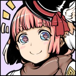 1girl arch_bishop_(ragnarok_online) black_hat blue_eyes blunt_bangs blush bow brown_scarf closed_mouth commentary_request flower-shaped_pupils hat hat_bow looking_at_viewer lowres pink_hair portrait purple_background ragnarok_iris ragnarok_online red_bow scarf short_hair simple_background smile solo symbol-shaped_pupils top_hat upper_body