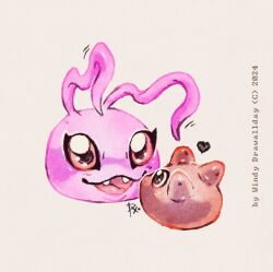 antennae artist_name brown_eyes digimon digimon_(creature) heart highres koromon looking_at_another no_humans open_mouth punimon simple_background white_background windydrawallday