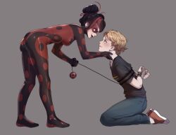 Rule 34 | 1boy, 1girl, absurdres, adrien agreste, bdsm, black hair, blonde hair, bodysuit, bondage, bound, double bun, evil smile, green eyes, hair bun, hand on another&#039;s chin, highres, keiori (keiorix), marinette dupain-cheng, mask, miraculous ladybug, red eyes, red hair, shadybug, smile