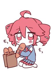 ahoge bag baguette black_shirt black_skirt blush bread collared_shirt double-parted_bangs drill_hair eating food full_body hair_between_eyes invisible_floor kasane_teto kasane_teto_(utau) kneeling looking_at_viewer no_neck paper_bag pleated_skirt red_eyes red_hair red_trim shirt simple_background skirt sleeveless twin_drills utau white_background yuusuke-kun