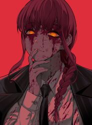 Rule 34 | 1girl, absurdres, black necktie, blood, blood on clothes, blood on face, braid, braided ponytail, business suit, chainsaw man, closed mouth, collared shirt, fad star, finger to mouth, formal clothes, glowing, glowing eyes, highres, long hair, long sleeves, looking at viewer, makima (chainsaw man), necktie, red background, red hair, ringed eyes, shirt, sidelocks, simple background, solo, suit, white shirt, yellow eyes