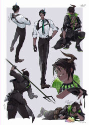 Rule 34 | 1boy, abs, absurdres, aragami oga, aragami oga (1st costume), aragami oga (3rd costume), belt, black belt, black collar, black footwear, black gloves, black hair, black necktie, black pants, black shirt, boots, border, brown footwear, chest guard, chest harness, closed eyes, closed mouth, collar, collared shirt, comb over, creature, cropped legs, crossed arms, curtained hair, dark-skinned male, dark skin, demon horns, earrings, eyepatch, facing away, fingernails, from behind, from below, full body, gem, gloves, green eyes, green gemstone, green hair, green necktie, grey background, hand on own hip, harness, head rest, highres, holding, holding eyepatch, holding polearm, holding weapon, holostars, horns, ice horns, jewelry, looking at viewer, looking to the side, lying, male focus, moneko, multicolored hair, multiple views, necktie, official alternate costume, omaesan (aragami oga), on one knee, on stomach, open clothes, open shirt, outside border, over shoulder, oxfords, padded shirt, pants, parted lips, partially fingerless gloves, petting, pleated shirt, polearm, pouch, removing eyepatch, sam browne belt, sharp fingernails, sharp teeth, shirt, short hair, signature, single horn, sleeping, sleeves rolled up, streaked hair, swept bangs, teeth, thigh pouch, toned, toned male, trident, unworn eyepatch, virtual youtuber, walking, weapon, weapon over shoulder, white border, white shirt, zzz